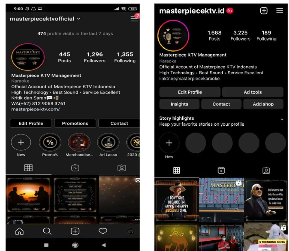Tangkapan layar dua akun Instagram Masterpiece KTV: 1.296 followers di akun lama dan 3.225 followers di akun masterpiecektv.id