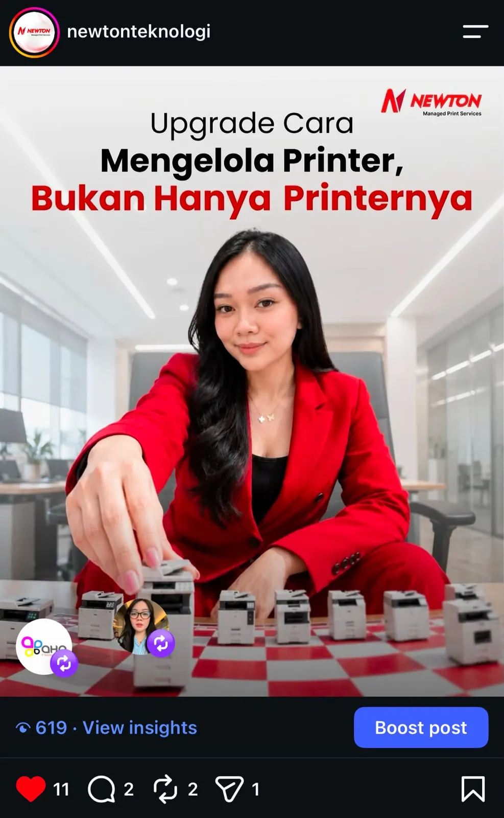 Tangkapan layar post Instagram Newton Teknologi: Upgrade cara mengelola printer, bukan hanya printernya